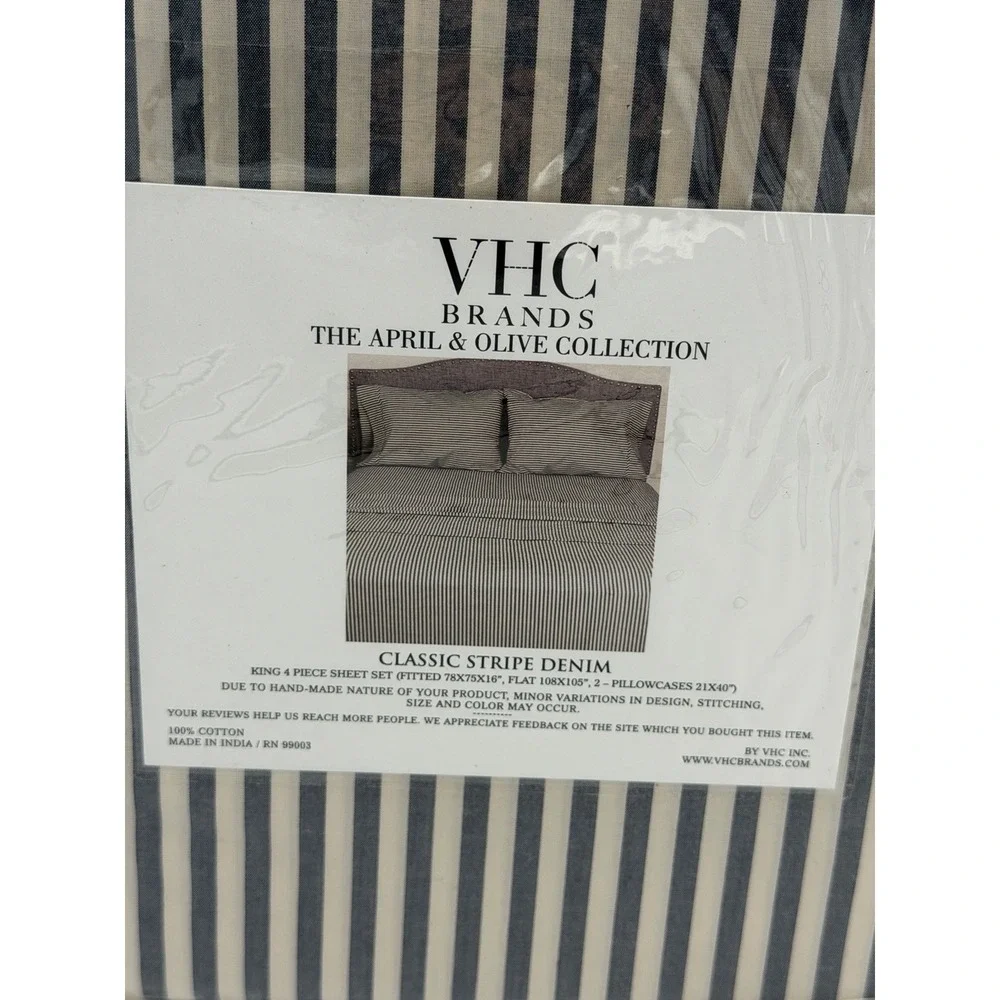VHC Brands KING Sheet Set Blue Stripe Denim Cotton 4pc Farmhouse Ticking NWT